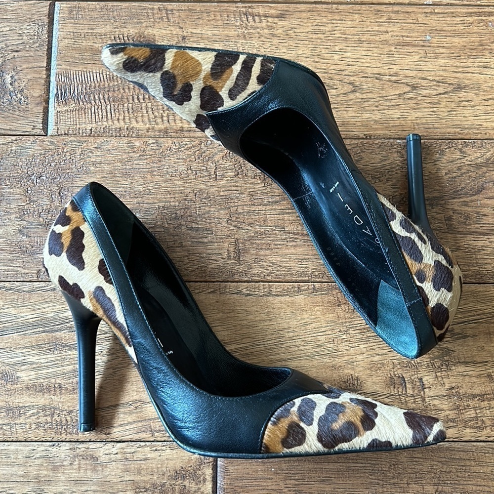 CASADEI Leopard Print Calf Hair & Black Leather Pointed Toe Stiletto Pumps Heels